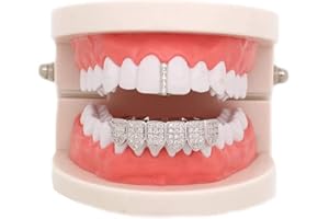 canjoyn 18K Gold Silver Pave Full CZ Bar Grillz Teeth Top and 6 Bottom Set Grills + Extra Molding Bars