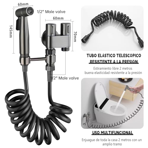 AMZYYDS Bidet Pulverizador, válvula control doble 2 en 1,manguera para wc | llave doble salida,manguera para baño 2M,para WC para limpieza inodoros, baño mascotas, Higiene Personal bidet manguera negro