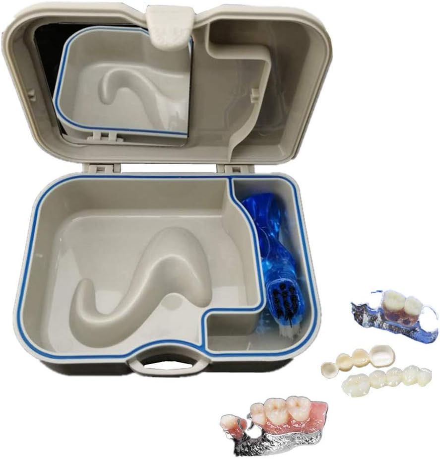 SDT Denture Box Case Denture Container Teeth Storage Box with Mirror and Toothbrush
