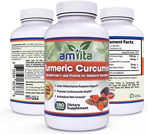 Premium Turmeric Curcumin 1500mg - 95% Extract with BioPerine and Protein - 180 Capsules - Made in USA