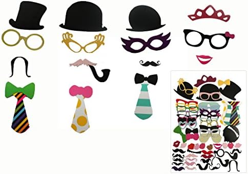 58pcs photo booth props Creative fun Party Favor set for Wedding Birthday Reunions Dressup Costumes with Mustache on a stick, pipes, Hats, Glasses, Lips, Bowties.