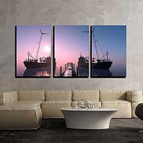 3 Piece Canvas Wall Art - Construction of The Pipeline into The sea. - Modern Home Art Stretched and Framed Ready to Hang - 16"x24"x3 Panels