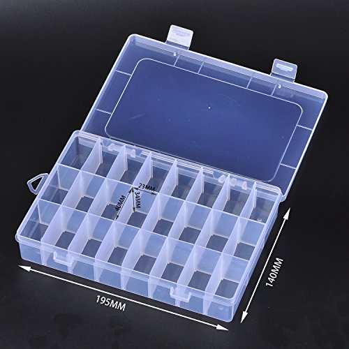 Pack of 4 Plastic Storage Box with Adjustable Dividers for Beads, Jewelry,Tools and Fishing Lures(2pc Organizer Box with 24 Grids & 2pcs Box with 8 Grids)