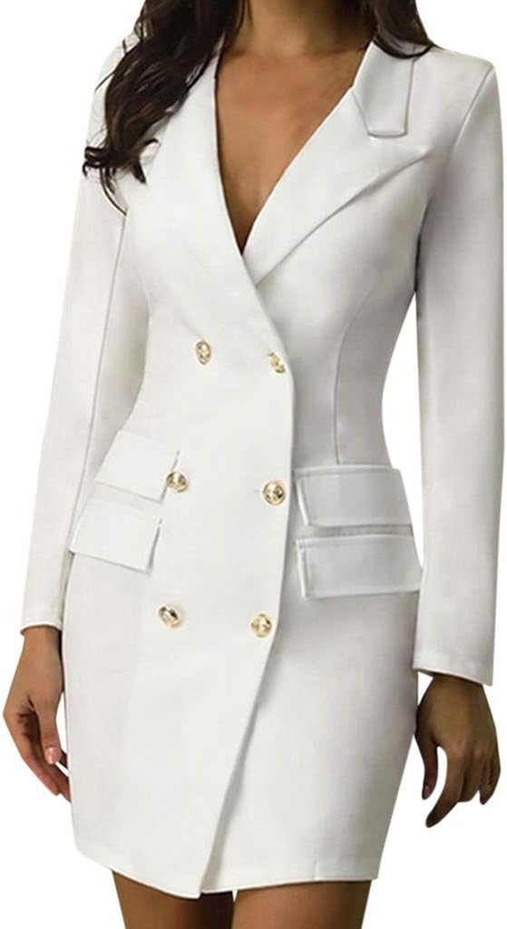 Rikay Womens Office Dress Solid Double Breasted Dress Button Military Style Business Blazer Long Dress Size 8-16 UK