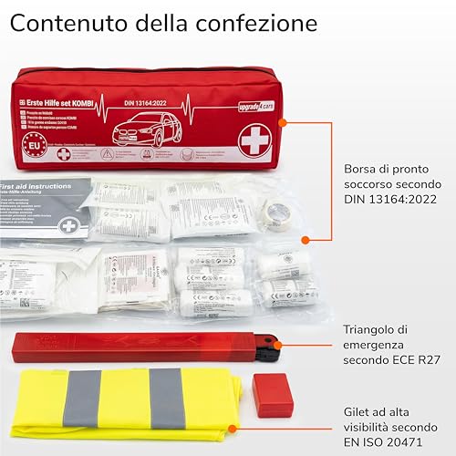 Upgrade4cars Car First Aid Kit 2026 with Emergency Triangle and Jacket according to Current Standard DIN 13164 Valid in All Europe Combination Bag Car Emergency Accessories