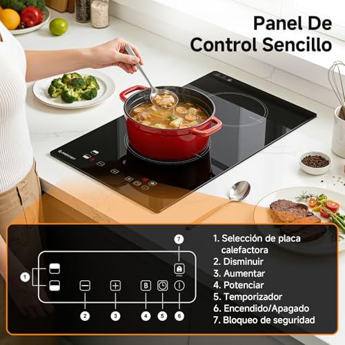 AMZCHEF Induction hob 2 burners with continuous heating, 10 power levels and boost, safety lock and timer, overheat protection, recessed / portable, 3700W