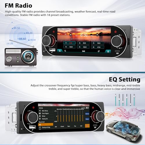Inefala Radio Display 1 DIN with Carplay and Android Auto, 5.1'' Touch Screen with Bluetooth, Mirror Link, FM/RDS USB Type-C EQ, Rear View Camera