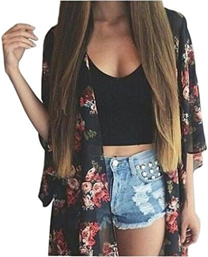 Barry Picks Women Floral Printed Chiffon Kimono Cardigan Shawl Blouse (S, Black),Medium,Black