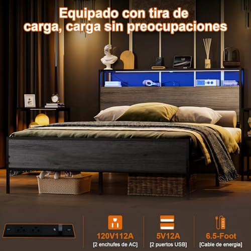 Simple Wisdom Cama Matrimonial 1.4 M con Base y Cabecero de Almacenamiento, 2 Salidas de Carga y 2 Puertos USB y Luces LED(Gris)