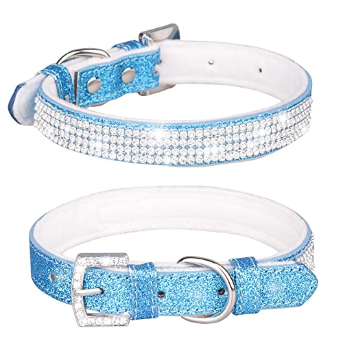 haoyueer Cute Dazzling Sparkling Leather Dog Cat Rhinestone Collar Crystal Diamond Pet Dog Puppy Collar … (M, Blue-1)