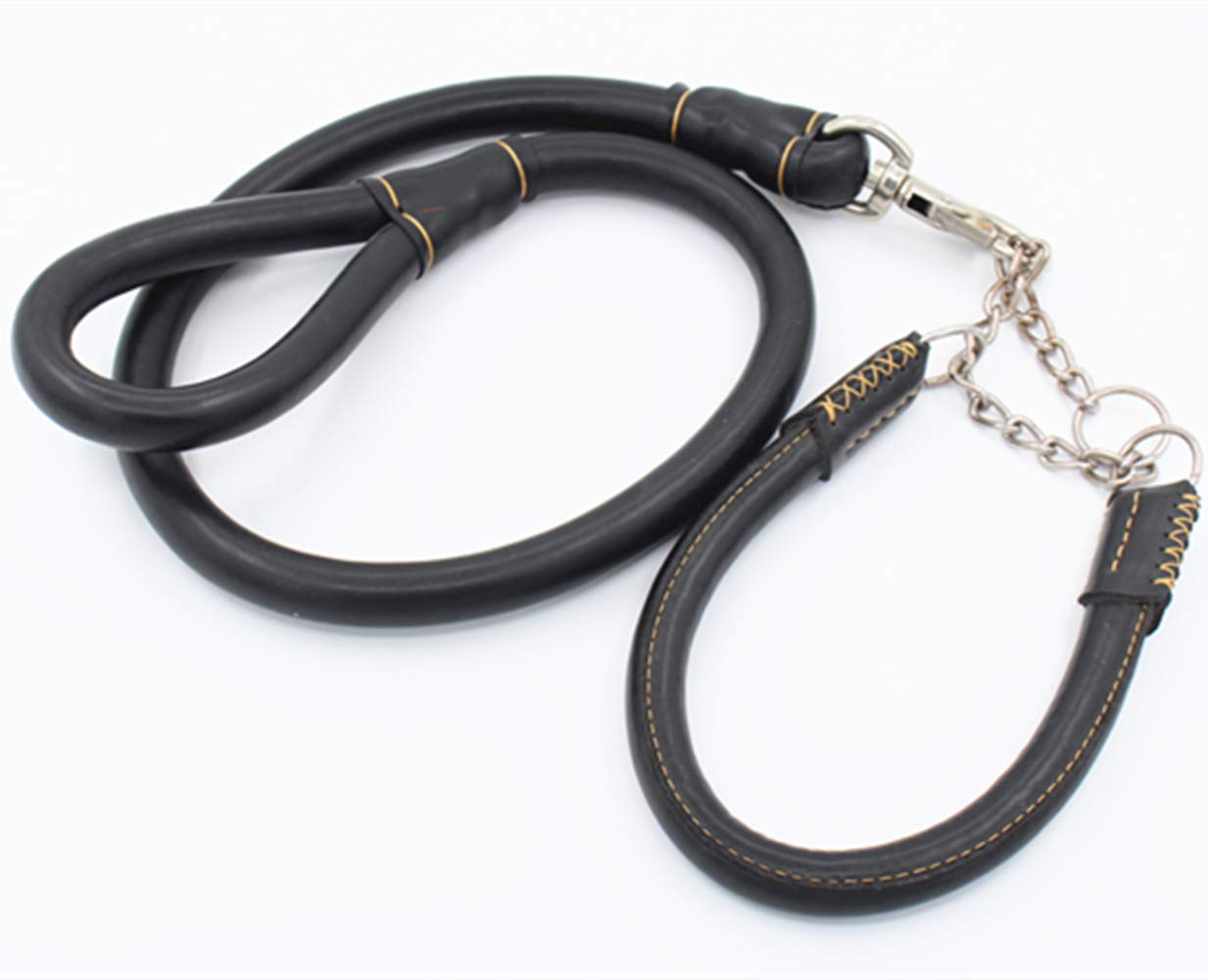 NOGA Leather Handmade Short Dog Leash and Collar Set P Chain Traffic Dog Leash Medium/Large Dogs (BLACK)