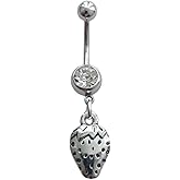 Strawberry Pendant Dangle Belly Button Ring, Fruit Charm Stainless Steel Navel Barbell Ring, Sweet Style Piercing Body Jewelry