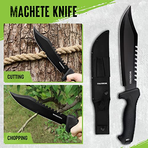 WORKPRO Hatchet and Machete with Sheath, One-piece Camping Axe and Hunting Knives with Rope Handle, 9 Pieces Camping Tool Set Includes LED Headlamp, Paracord, Flint Stick, Carabiners, Whetstone