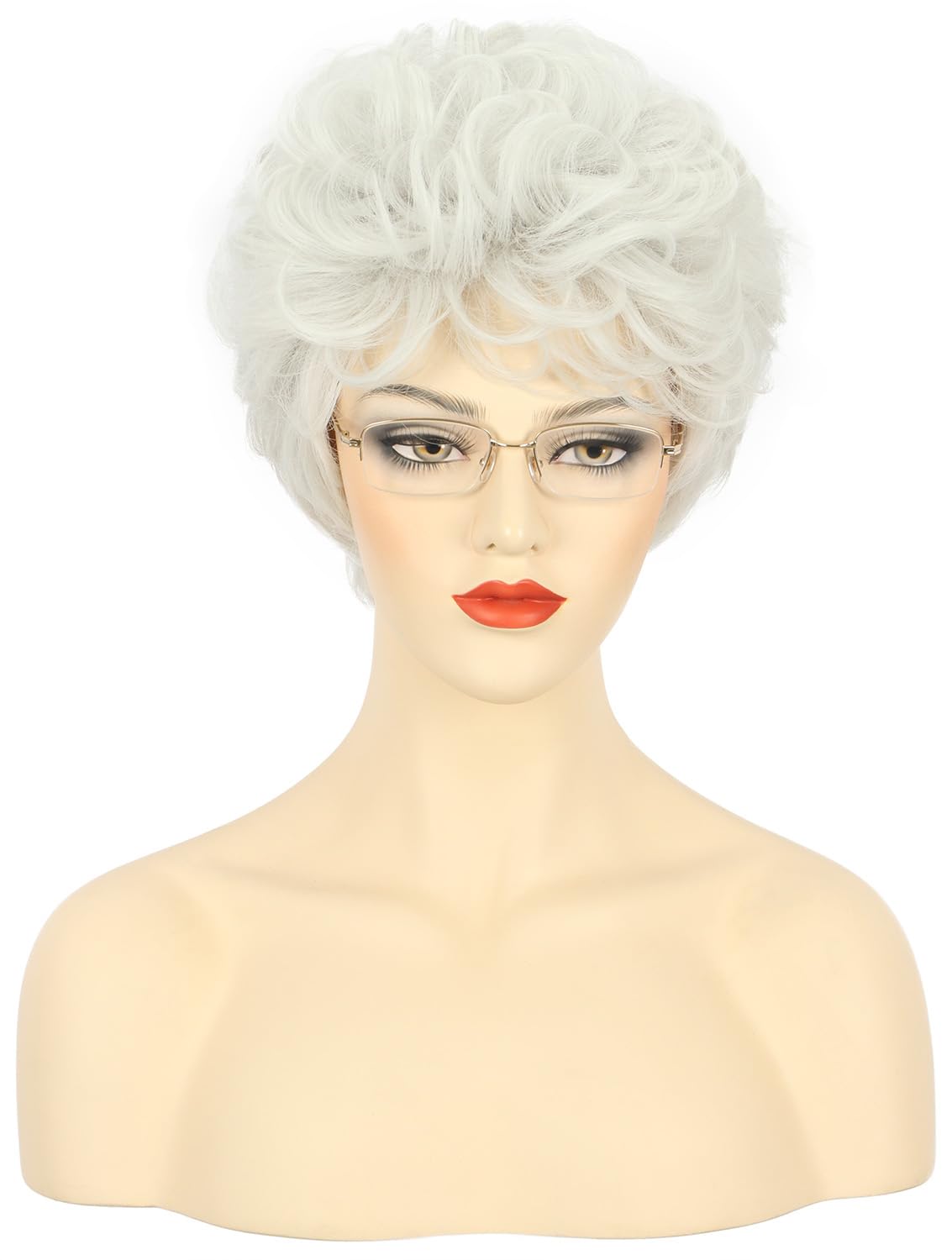 Karlery Old Lady Short Curly Silver and White Wig Natural Looking Daily Halloween Cosplay Party Wig