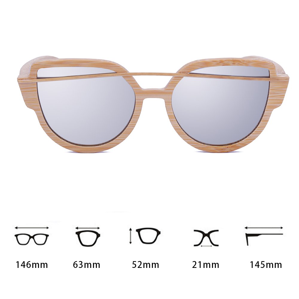 WISH CLUB Women Bamboo Wood Polarized Sunglasses Classic Cat Eye Floating Lightweight UV400 Glasses(Silver)