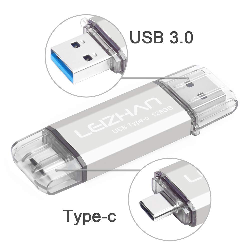 leizhan 128GB USB 3.0 Flash Drive Thumb Drives Jump Drive USB Memory Stick Type-C/USB-A 2 in 1 - Silver