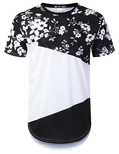 URBANTOPS Mens Hipster Hip Hop White Azalea Floral Longline T-Shirt White, L