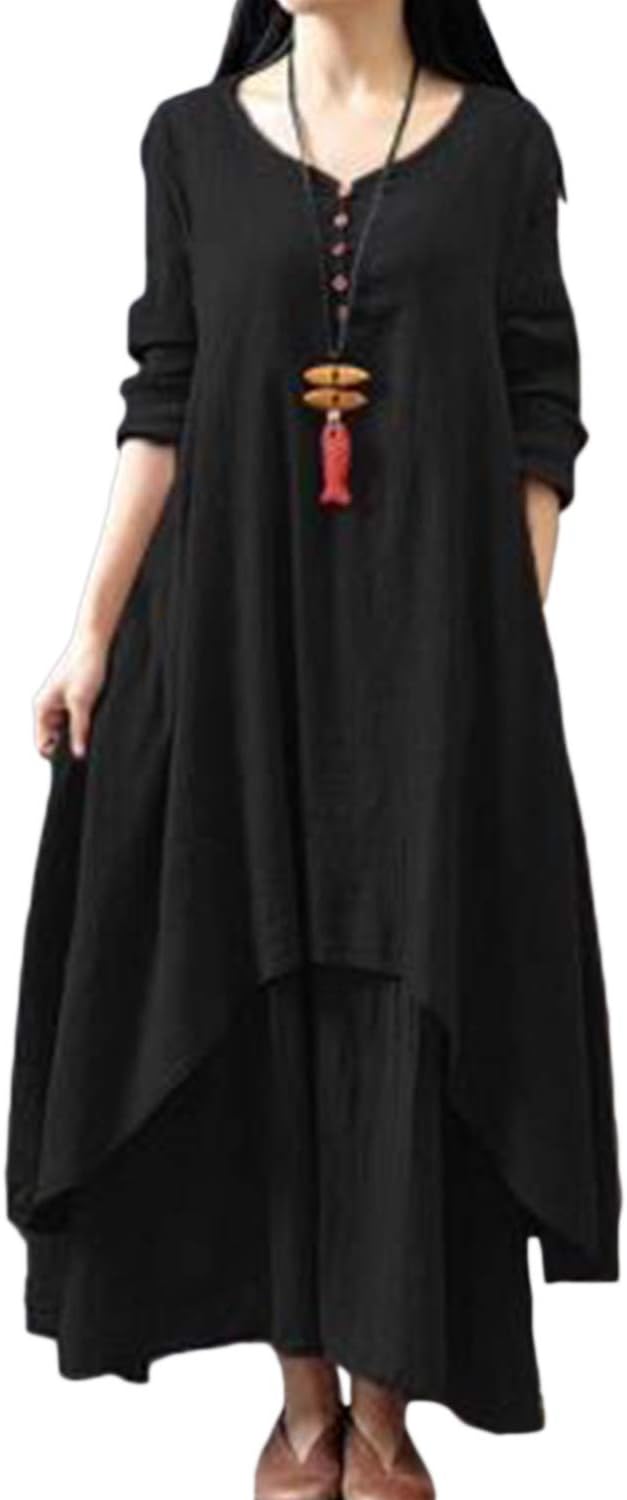 Women Cotton Kaftans Boho Dresses Vintage Summer Plus Size Maxi Linen Dress
