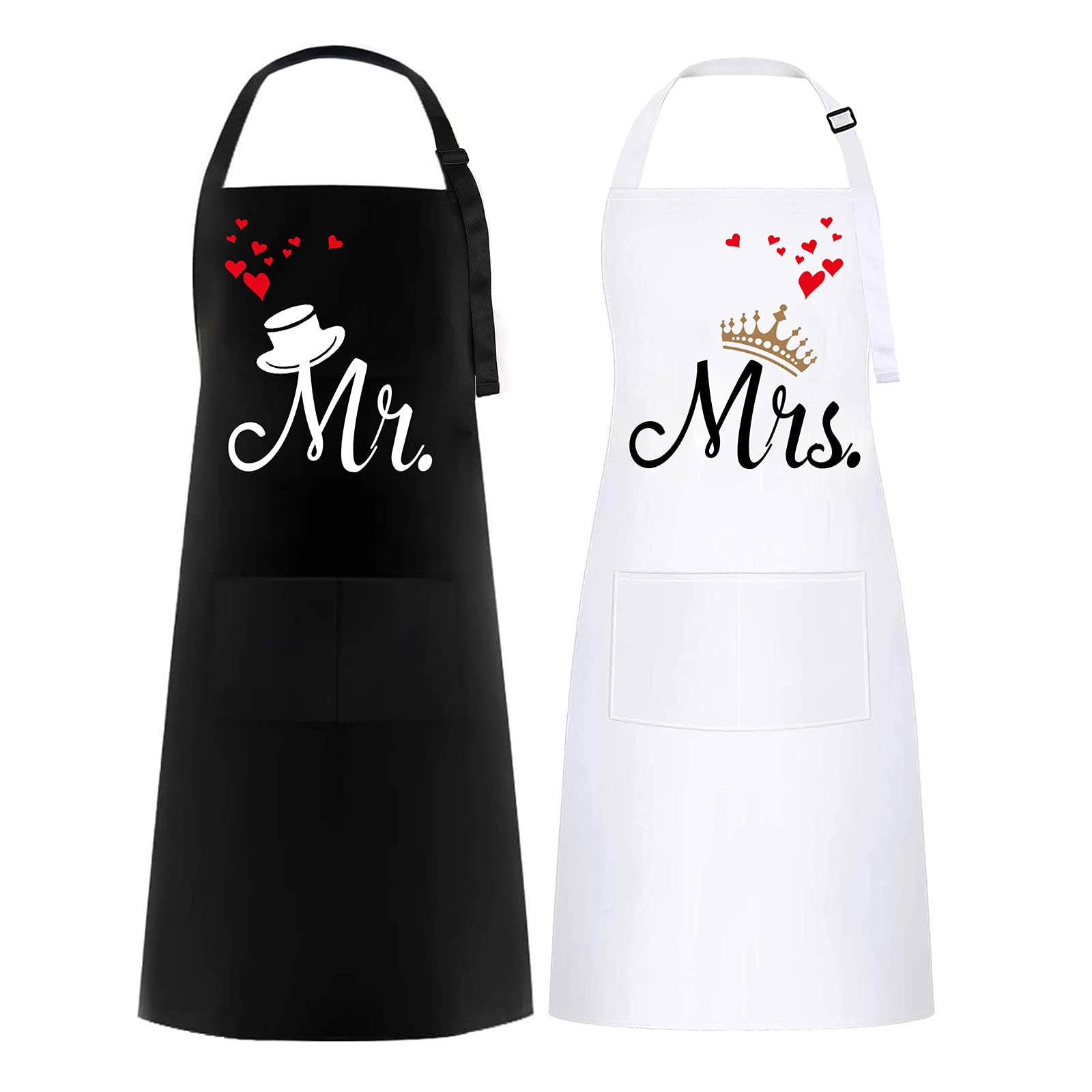 2 PCS Mr. & Mrs. Couple Aprons Set, Wedding Gift for Couple, Kitchen Waterproof Aprons, Apron for Women and Men, Perfact As Gift for Engagement, Anniversary, Valentine’s Day (White& Black)