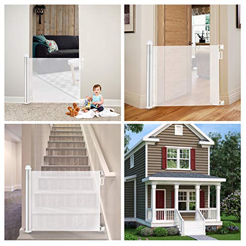 Baby Retractable Mesh Gates, Extra Wide Safety Gate/Pet Dog Gate Replacement for Stairs/Door/Stairway - Flexible Extension Waterproof Rustproof Aluminum White Protect Toddlers (Silver White) - Thumbnail 2