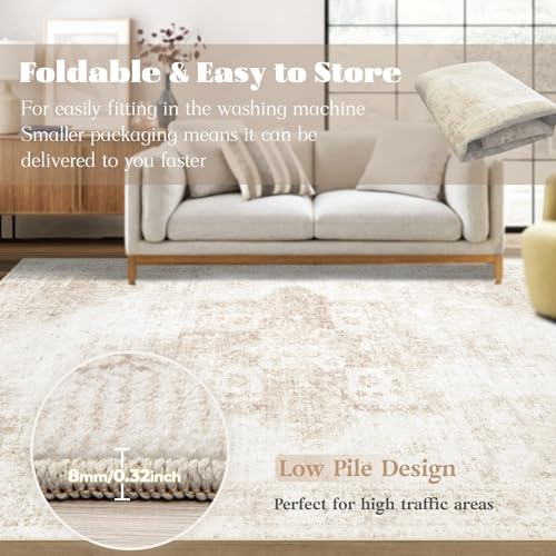 VECARF Area Rug 9x12 Washable Rug, Vintage Boho Medallion Rugs Non-Slip Soft Low Pile Large Distressed Rug Indoor Retro Carpet for Living Room Bedroom Dining Room Home Office (Beige, 9'x12')