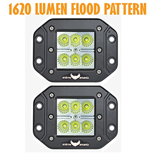 2x 18w Square LED Work/Driving Light - Flush Mount - Flood Pattern