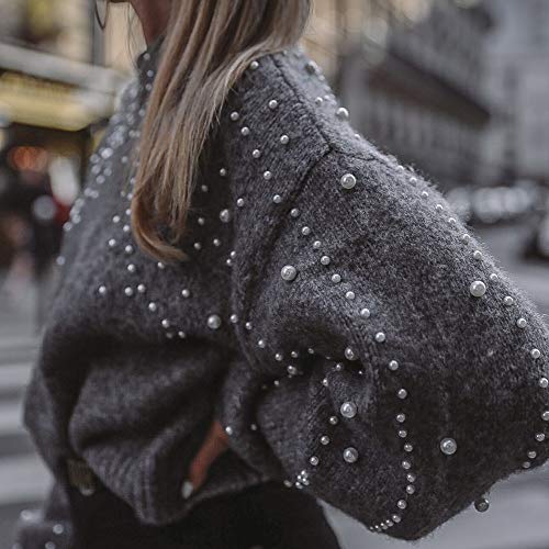 Inverlee Women Winter Gray O Neck Long Sleeve Pearl Knitted Sweater Blouse Pullovers - Thumbnail 4