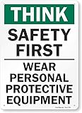 SmartSign "Think Safety First - Wear Personal Protective Equipment" Sign | 10" x 14" Aluminum