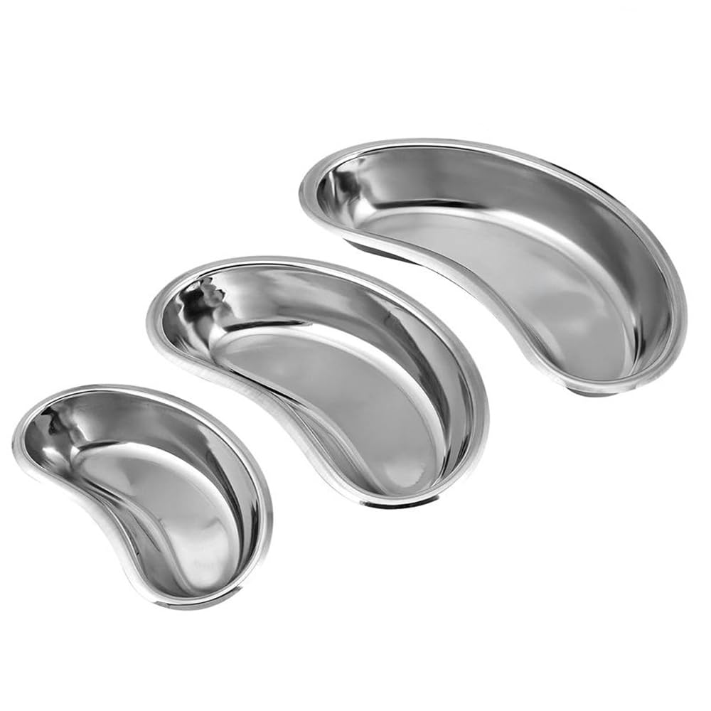 Stainless Steel SS 304 Kidney Tray 3 Pack Dishes Reusable Metal Basin Holloware Emesis Basin (20 cm/25 cm/30 cm)