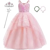 keaiyouhuo Kids Pink Witch Costume for Girls Pink Princess Sequins Tulle Dress Halloween Cosplay Outfits with Crown and Wand