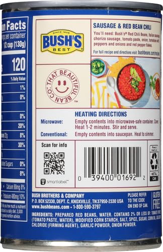 BUSH’S CANNED MILD RED CHILI BEANS (PACK OF 1), PLANT-BASED PROTEIN, EXCELLENT SOURCE OF FIBER, LOW FAT, GLUTEN FREE, IN MILD CHILI SAUCE, 16 OZ
