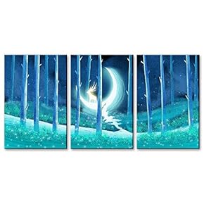3 Panel Animal Canvas Wall Art - Fantasy Oil Painting Style Deer on The Crescent Moon in The Woods - Giclee Print Gallery Wrap Modern Home Art Ready to Hang - 16"x24" x 3 Panels