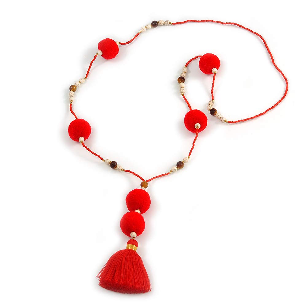 Avalaya Long Scarlet Red Glass Bead Pom Pom Tassel Necklace/ 88cm L/ 10cm Tassel