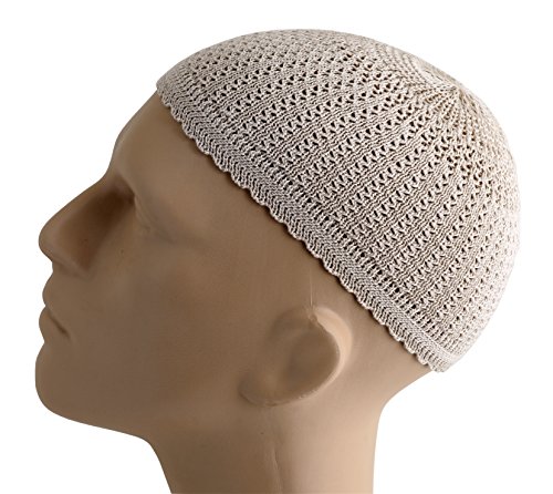 Elastic Kufi Hat Skull Cap Beanies with Wavy Threading in Multiple Designs and Colors (Oatmeal)