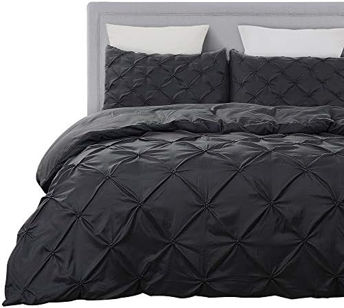 YEPINS Microfiber Duvet Cover Set with Zipper Closure and Corner Ties, Black Tufted Pattern Pintuck Design(Black, King)