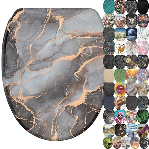 Toilet Seat with Self-Closing Mechanism, Many Toilet Seats to Choose From, High-Quality Finish, Easy Mounting, Sturdy Hinges (Marble Abstract)