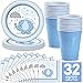 Set of 32 Baby Shower Boy Party Supplies in Blue Elephant Umbrella Theme Includes: Paper Plates, Luncheon Napkins, 16 oz Cups, Classy and Stylish Light Blue Design