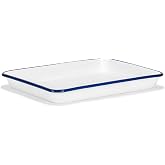 Red Co. 11" x 9" Enamelware Metal Classic 2 Quart Rectangular Serving Tray, Solid White/Navy Blue Rim