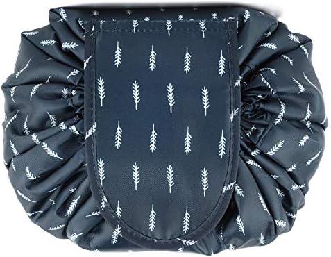 Quick Lazy Drawstring Makeup Bag Travel Cosmetic Pouch Toiletry Organizer Large for Women and Girls (Blue Feather)