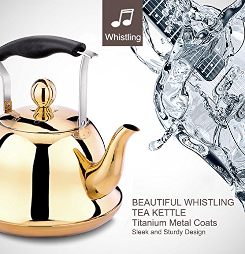 Onlycooker Whistling Tea Kettle Stainless Steel Stovetop Teakettle Sturdy Teapot for Tea Coffee Fast Boiling with Infuser Color Gold Mirror Finish 1.5 Liter/1.6 Quart