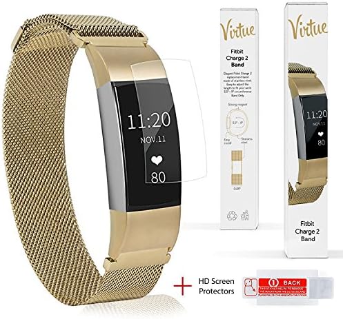 Virtue Fitbit Charge 2 Bands Gold Milanese Loop Stainless Steel Metal Bracelet Strap Wristbands Accessories for Fitbit Charge 2 HR Fitness Tracker Large Small + Fitbit Charge 2 Screen Protector