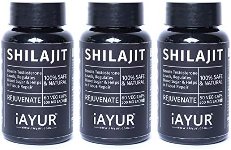 iAYUR Shilajit Extract (Pack of 3) Tested & Certified 100% Potent, Natural, Pure & Safe - Stamina, Power & Vigour - 500 Mg 60 Veg Caps