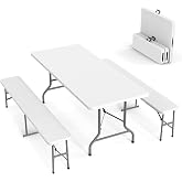VINGLI Picnic Table Set with 2 Benches, 6 Feet Camping Table Chair Set,3-Piece Folding Furniture for Indoor or Outdoor Use, Smooth Tabletop, White