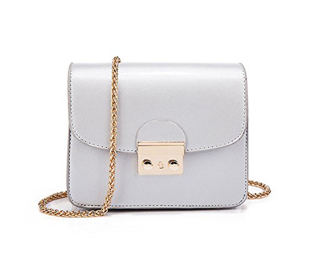 Women Handbag Solid Color PU Leather Clutch Purse with Chain Mini Shoulder Strap Silver
