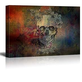 Canvas Print Wall Art - Day of The Dead (Dia De Los Muertos) Themed Skull with Flowers - Gallery Wrap Modern Home Art | Ready to Hang - 12x18 inches