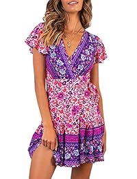 GAMISOTE Vestido de cuello en V para mujer, bohemio, estampado floral, volantes, cintura, mini vestidos
