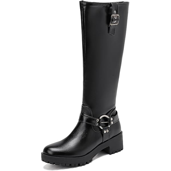 ALLOT Women's Knee High Stretch Boots - Flat Heel Buckle Strap Riding Boots, Faux Suede, Winter Shoes