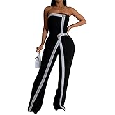 Yuopeid Women's Elegant Color Block Off Shoulder Sleeveless High Waist Wide Leg Slim Fit One Piece Romper Jumpsuit