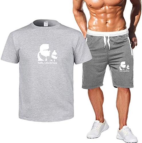 WEY Sports Shorts Karl Lagerfeld Cartoon Printed Sportswear Suit Casual T-Shirt Sweatpants 2-Pieces Set Fitness Running Clothes High-Quality Materials/Gray/M
