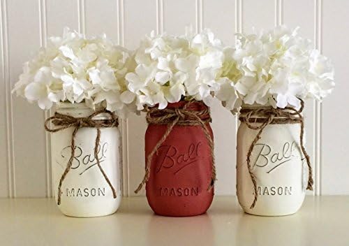 Mason Jar Set - 3 Piece, White And Red, Centerpiece